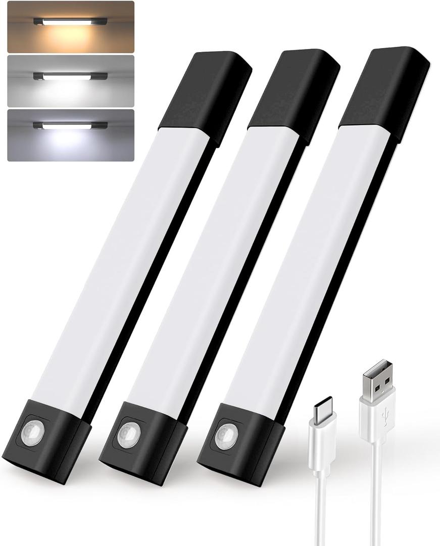 EZVALO Under Cabinet Lighting, Wireless Closet Lights, 30 LED Rechargeable Motion Sensor Light, Dimmable, 3 Color Temperatures, Counter Lights for Kitchen, Pantry, Bedroom, Wardrobe(3 Pack, Black) (8inch)