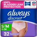 Always Discreet Adult Diapers for Women, Incontinence Underwear, Postpartum Essentials, Disposable Briefs, Max Absorbency, Bladder Leak Protection, Small/Medium, 32ct