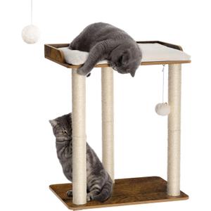 FourFurPets 26.7in Large Cat Tree Tower Condo, Cat Scratch Posts for Indoor Cats, Big Plate, Three 23.6in Full Sisal Scratching Posts, Rustic Brown