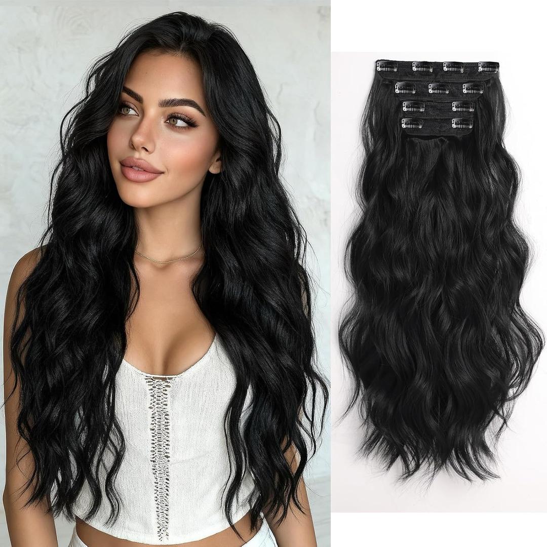 24 Inch Clip in Hair Extensions Black 4PCS Long Wavy Synthetic Hair Pieces for Women Thick Clip on Hair Extensions Natural Curly Wavy Hair Extension Clip Ins for Thin Hair(Black)