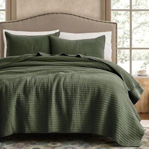 WDCOZY 100% Cotton Queen Size Quilt Set, Channel Pick Stitch, Olive Green, Full/Queen