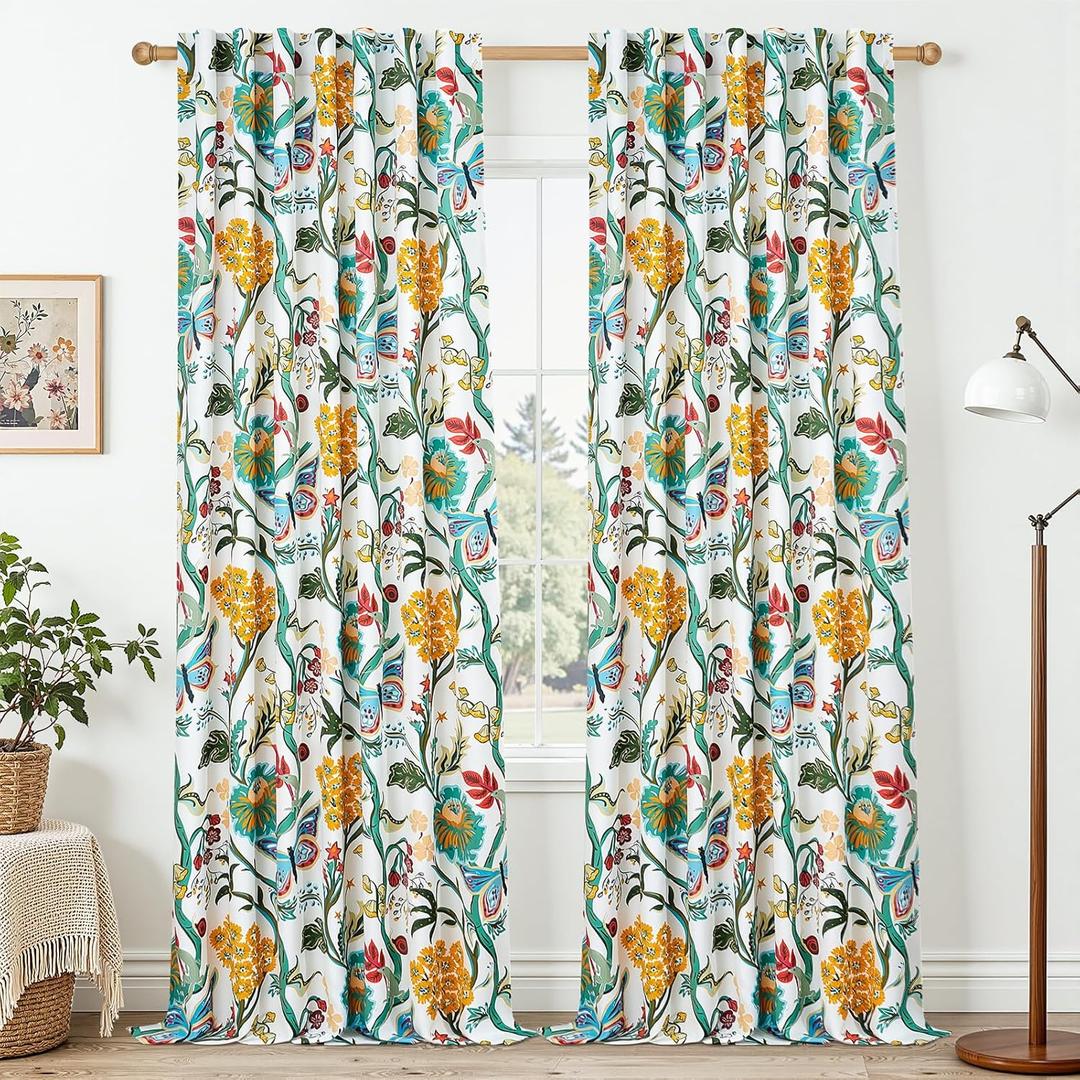 Topfinel Sage Green Whimsical Floral Curtains 96 Inches Long for Sliding Glass Door Butterfly Bird of Paradise Soft Textured Drapes Hooks Rings for Large Blackout Window Sliding Door, 2 Panels, 52"W x 96"L