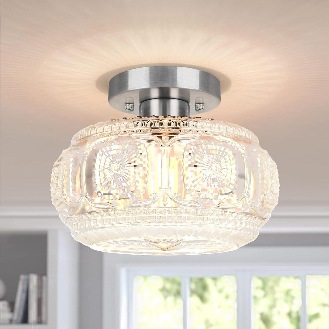 Brushed Nickel Semi Flush Mount Ceiling Light, Glass Shade Modern Ceiling Light Fixture, Lighting for Hallway Bedroom Entryway Kitchen Porch (9.38 inch, Silver)