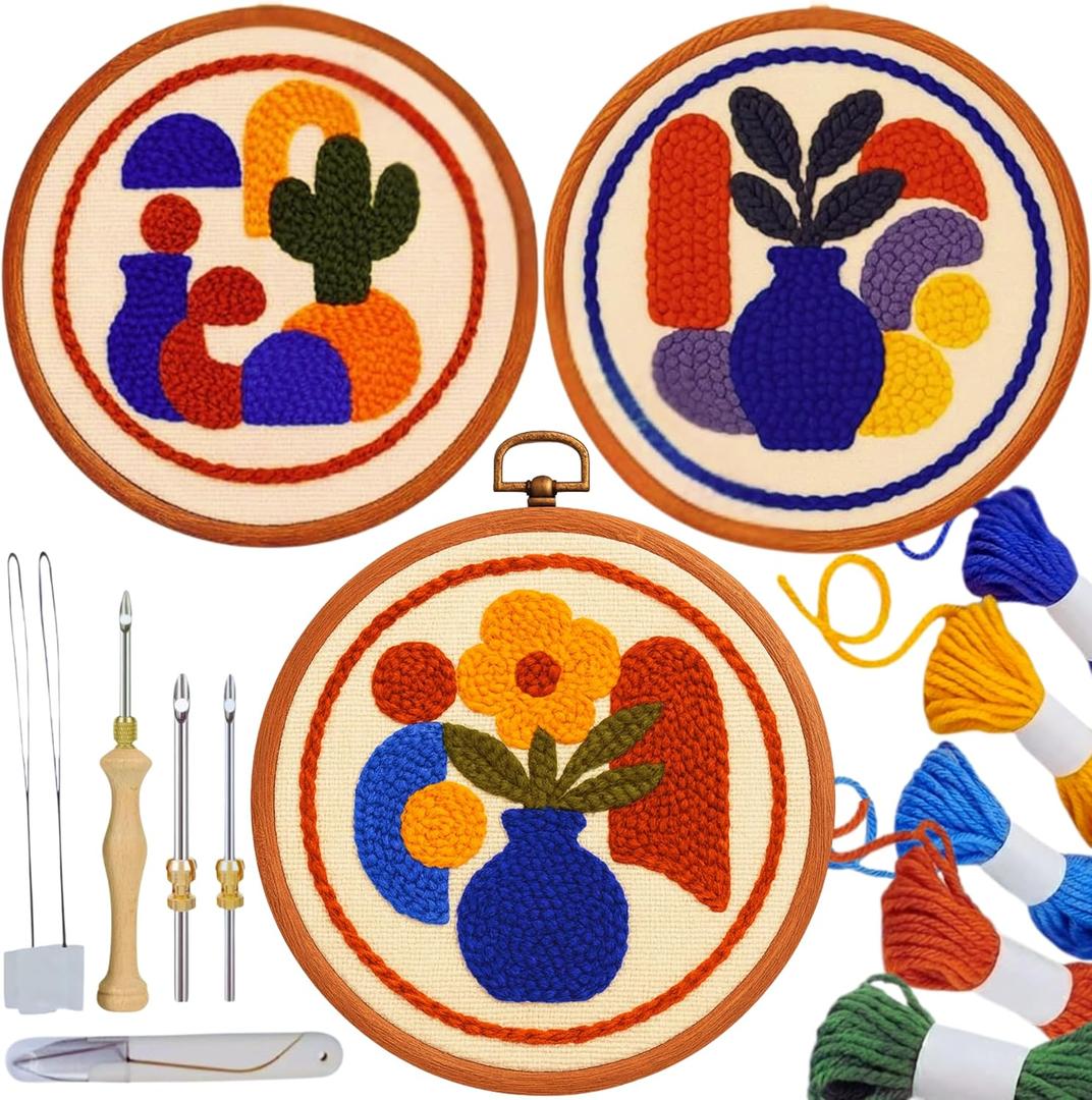 Zyrose Punch Needle Kit for Beginners  Modern Embroidery Kit with Printed Fabric, Non-Slip Hoop, Merino Yarn, 3 Needles  Boho Craft Kit for Adults & DIY Gifts (Boho Abstract)