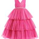 IBTOM CASTLE First Bridesmaid Dress for Girl Flower Girl Dress V-Neck Kids Birthday Dress Ruffle Pearls Tiered Formal Dress Tulle Party Dress Wedding Gown Prom Evening Rose Red 6-7 Years