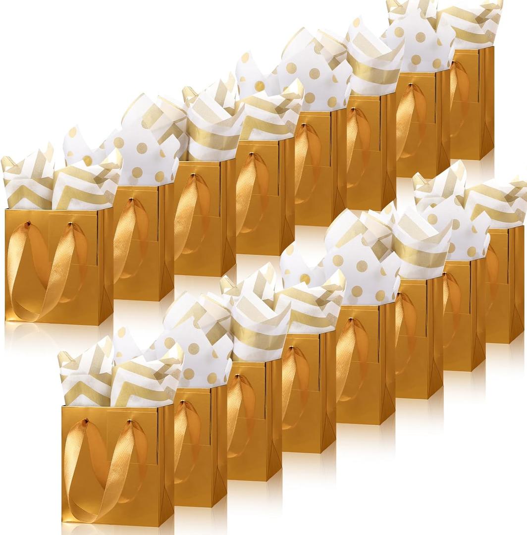 Tenare 12 Pcs Small Gift Bags Mini Paper Bags Bulk Tiny with Handle Tissue for Jewelry Gift Wrapping Christmas Birthday Xmas New Year Party Favor Supplies(4 * 2.75 * 4.5inch,Gold)