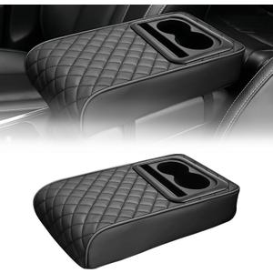 Leather Car Armrest Cup Holder Cushion, Memory Foam Car Arm Rest Cushion with Cup Holder & Phone Storage, Waterproof Ergonomic Armrest Box, 13.78" x 7.78" (Black)