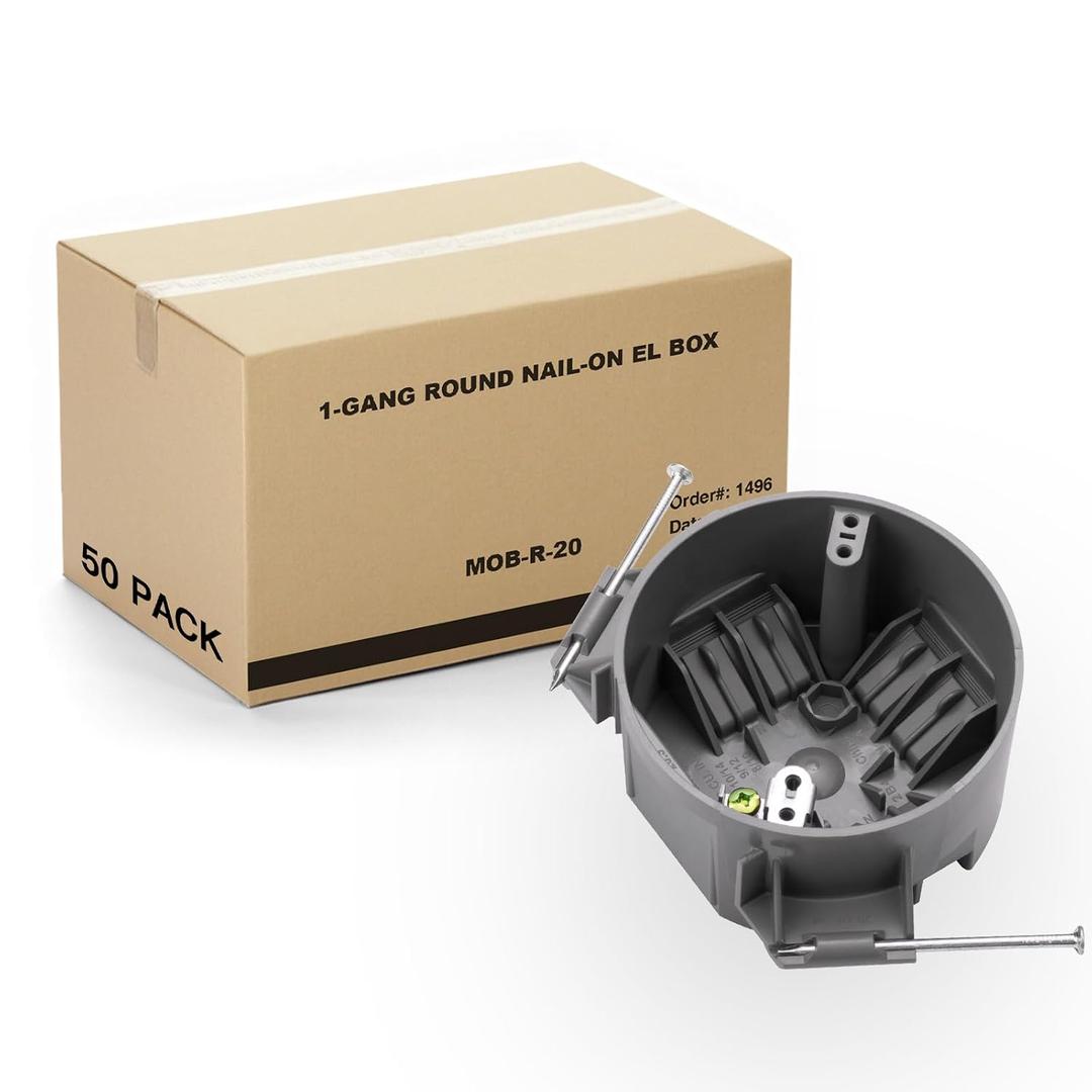 50 PK Round Ceiling Electrical Box, New Work 20 Cubic Inch Box, ETL Listed to UL514C and UL263, 2 Hour Fire Rating New Work Box, for Residential and Light Commercial Applications