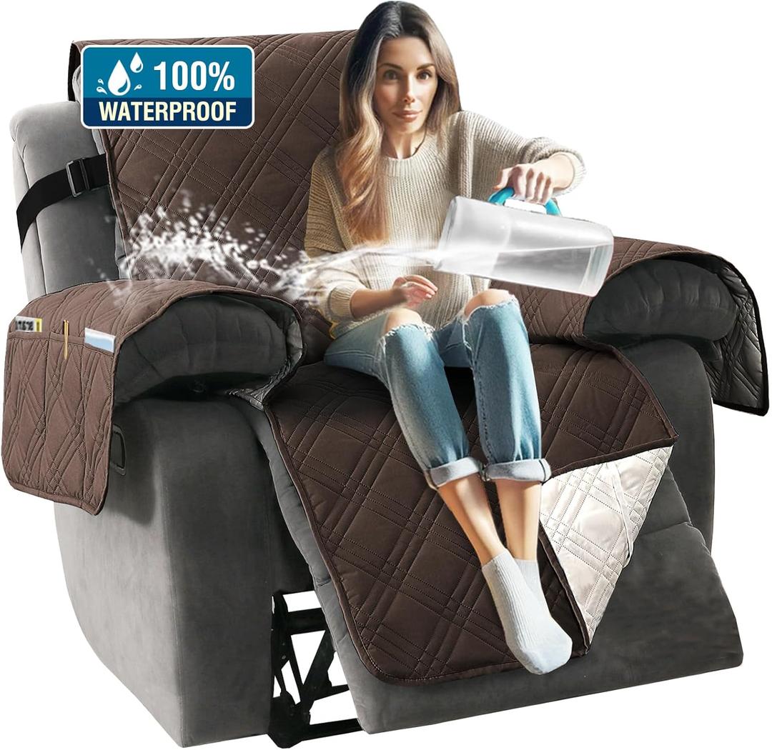 H.VERSAILTEX 100% Waterproof Slip Covers for Recliners with Arms 1-Piece Reversible Recliner Covers for Large Recliner with Elastic Straps Sitting Width Up to 28" (Oversized Recliner, Brown/Beige)