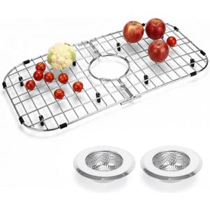 26" x 14" Stainless Steel Sink Protector with 2 Kitchen Sink Strainers, Extra Rectangular Sink Grid for Kitchen Sink Bottom Heavy Duty Rust-Resistant Drainage Rack Scratch Protection Center Drain