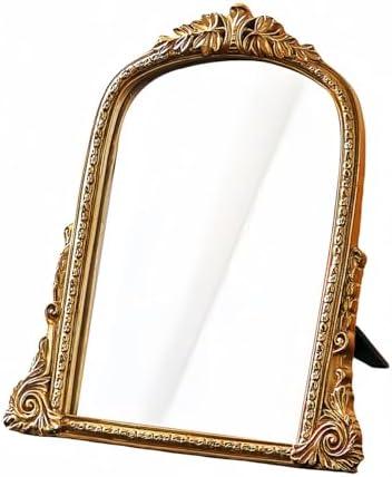 HSDDHOME Vintage Gold Vanity Makeup Desk Mirror - Antique Chic Arch Table Mirror with Carved Resin Frame, Small Standing Arendahl Mirror for Living Room, Bedroom, Tabletop (13.2" x 12.8")