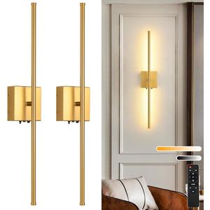 Battery Operated Wall Sconces Set of 2, 11000mAh Wireless Rechargeable Gold Wall Lights with Remote Control, 350Rotate Dimmable Wall Lamp, 3 Color Temperatures, for Bedroom, Living Room, Hallway