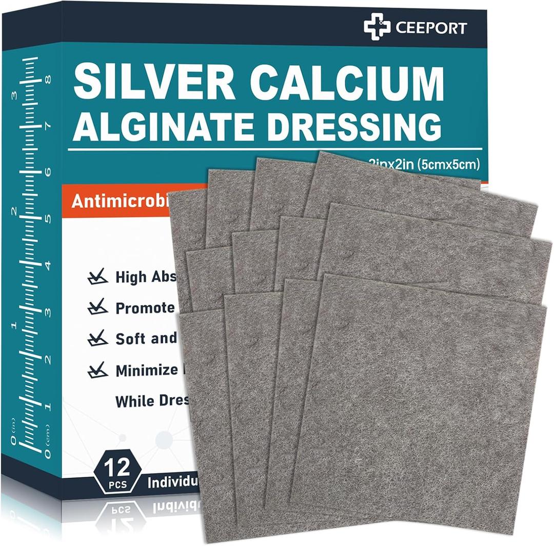 2 "x 2" Ag Silver Calcium Alginate Wound Dressing Pads, 12 Individual Pack Highly Absorbent Painless Removal Dressing, Soft Silver Dressings for Wound Care, Non-Stick Gauze Pads for Wounds, Expiry: 03/2027