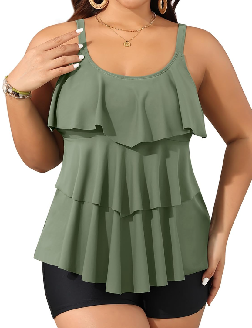 Yonique Women's Plus Size Tankini Swimsuits with Shorts Two Piece Bathing Suits Ruffle Swimsuits Tummy Control Swimwear, Size 20W, Army Green