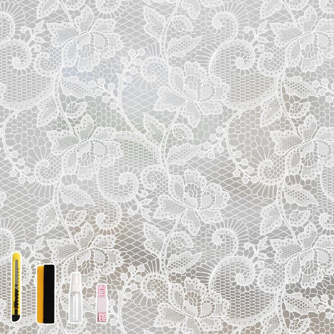 NINETREX Window Privacy Film, Frosted White Lace Window Cling, 23.6"x157.4"