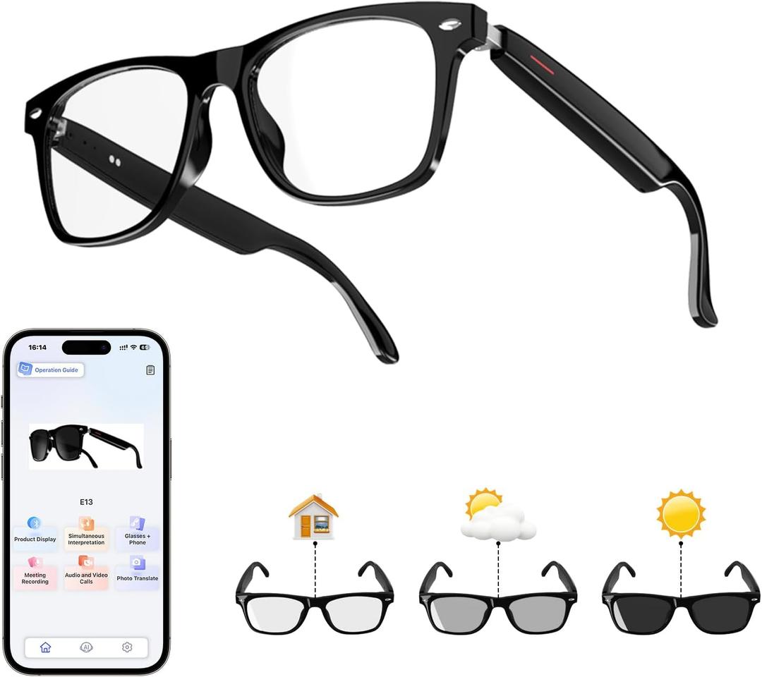 AI Translation Smart Glasses with Chat GPT for Men and Women, Bluetooth Sunglasses with Translator 164 Languages and Color-Change Lens, Music Playback & Hands-Free Calls, UV & Blue Light Protection