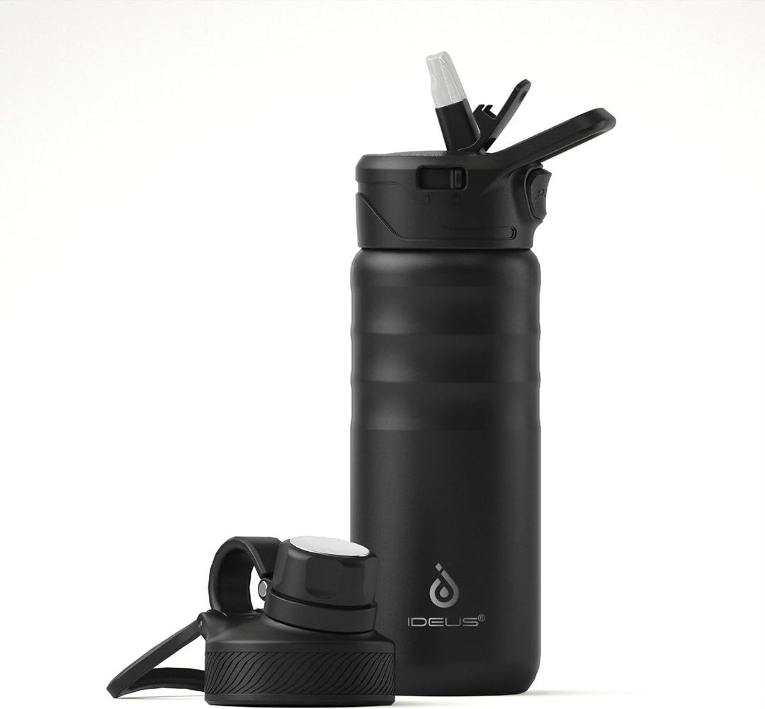 IDEUS Insulated Stainless Steel Water Bottle with 2 Leak-Proof Lids, Thermal Water Flask for Hiking Biking, 18oz, Black