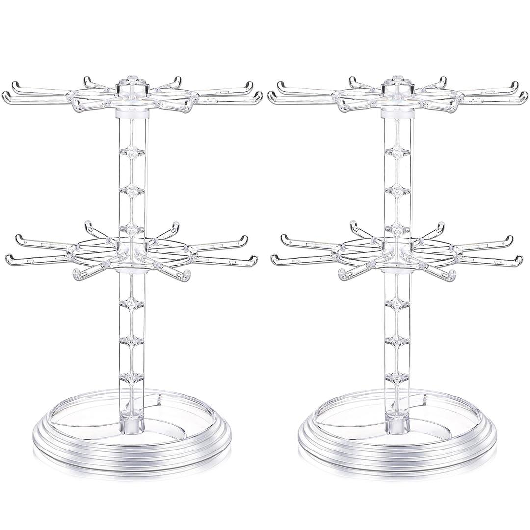 2 Pack Keychain Display Stand Rotating Jewelry 2 Tier Necklace Holder Plastic Spinning Bracelet Hanging Organizer Rotating Rack Earring Bracelet Stands for Vendors Malls Counter Dressing Table(Clear)
