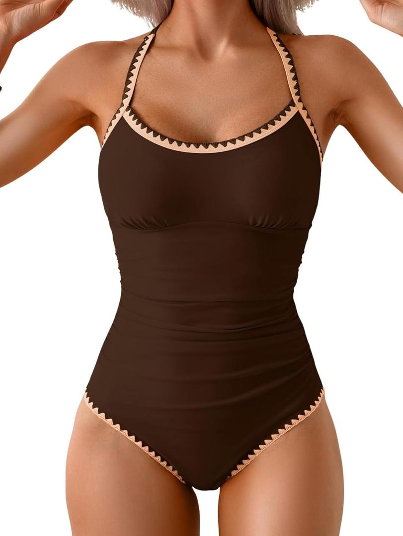 Eomenie Women's One Piece Swimsuit Tummy Control Slimming Bathing Suit Ruched Swimwear Tie Back Shell Stitch Swim Suit (Medium, Dark Brown)