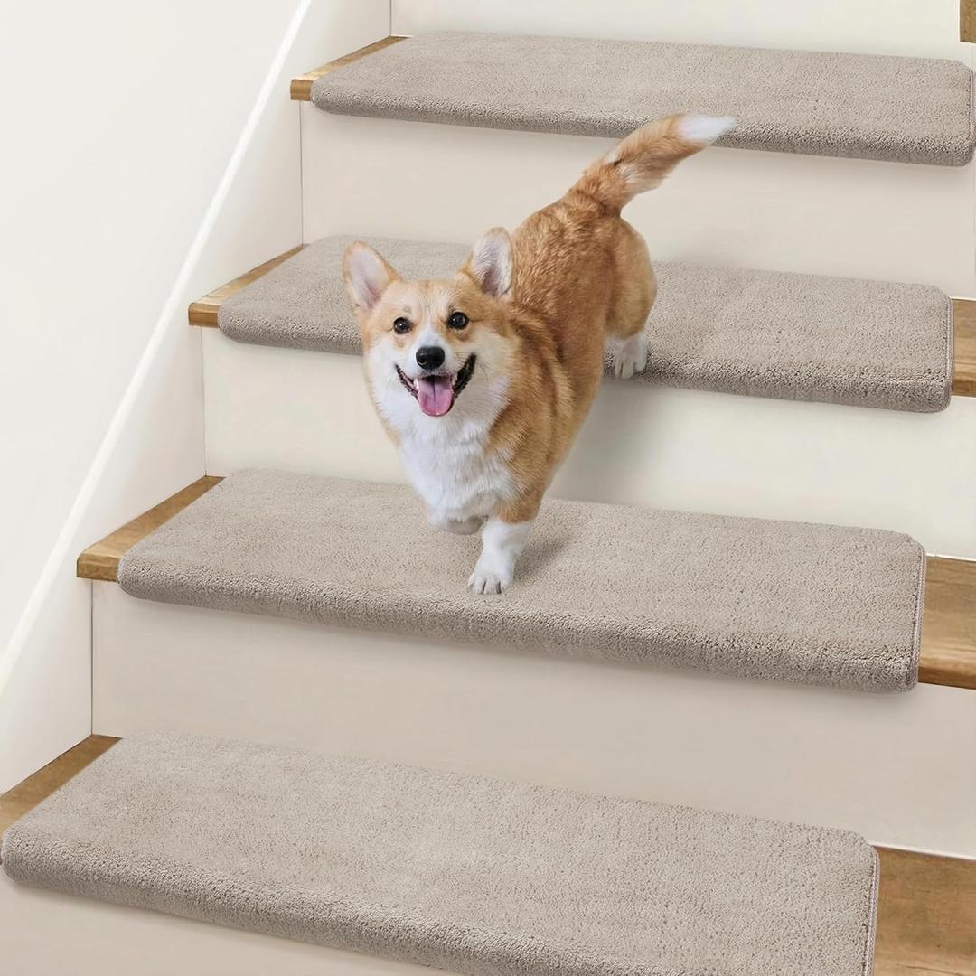 Bullnose Stair Treads Non Slip 9.5" x 32", 14 Pcs Ultra Plush Carpet Stair Treads for Wooden Steps Indoor with Edge Protection, Reusable Peel and Stick TPU Backing Stair Runner Rugs - Beige Gray