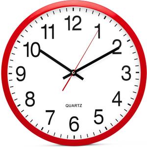 Bernhard Products Red Wall Clock, Silent Non Ticking - 16 Inch Extra Large Quality Quartz Battery Operated Round Easy to Read Home/Office/Business/Kitchen/Classroom/School Clocks