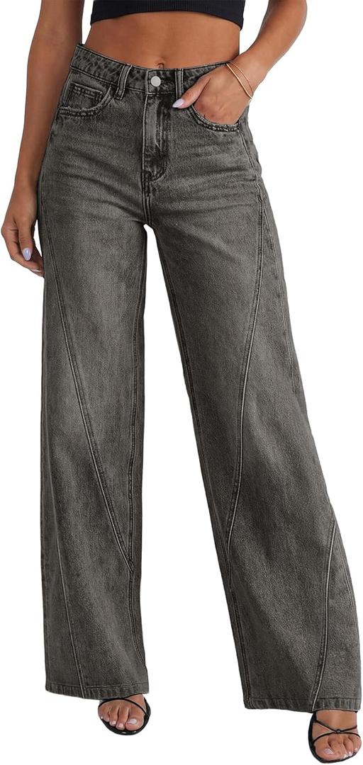 Womens Wide Leg Jeans Mid High Waisted Baggy Straight Leg Stretchy Denim Pants Seamed Long Trousers (8, Dark Grey)