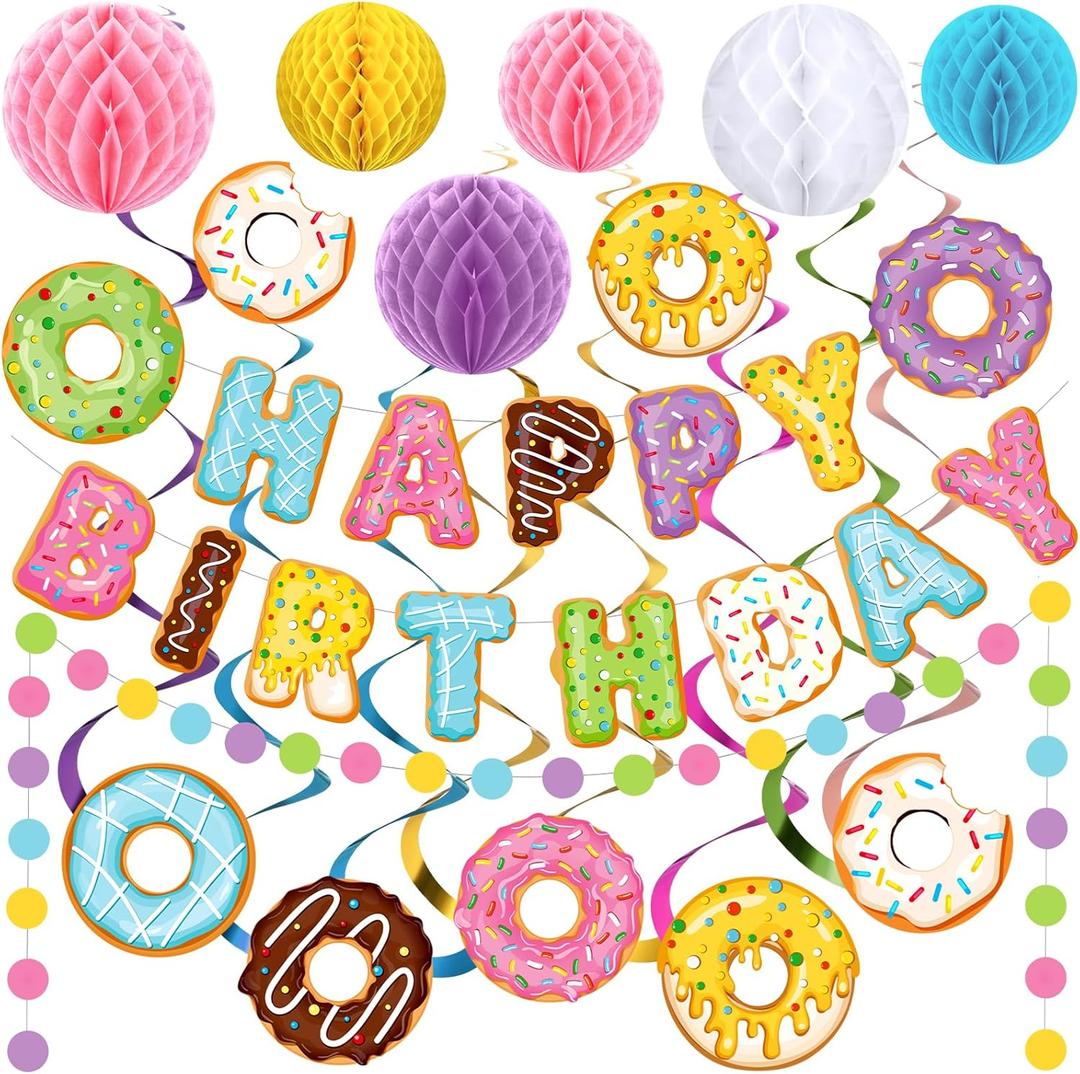 Pasimy 34 Pcs Donut Happy Birthday Banner Donut Party Decorations Doughnut Grow Hanging Swirls Candyland Wall Decor Honeycomb Balls and Dot Garland for Doughnut Birthday Baby Shower Party Supplies