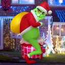 Christmas GrinCh Inflatable, Green Santa Chimney Inflatables Outdoor Decor, Blow Up Yard Decorations with LED Light, Xmas Winter Holiday Inflatables Outdoor Decor for Party Yard Garden Lawn