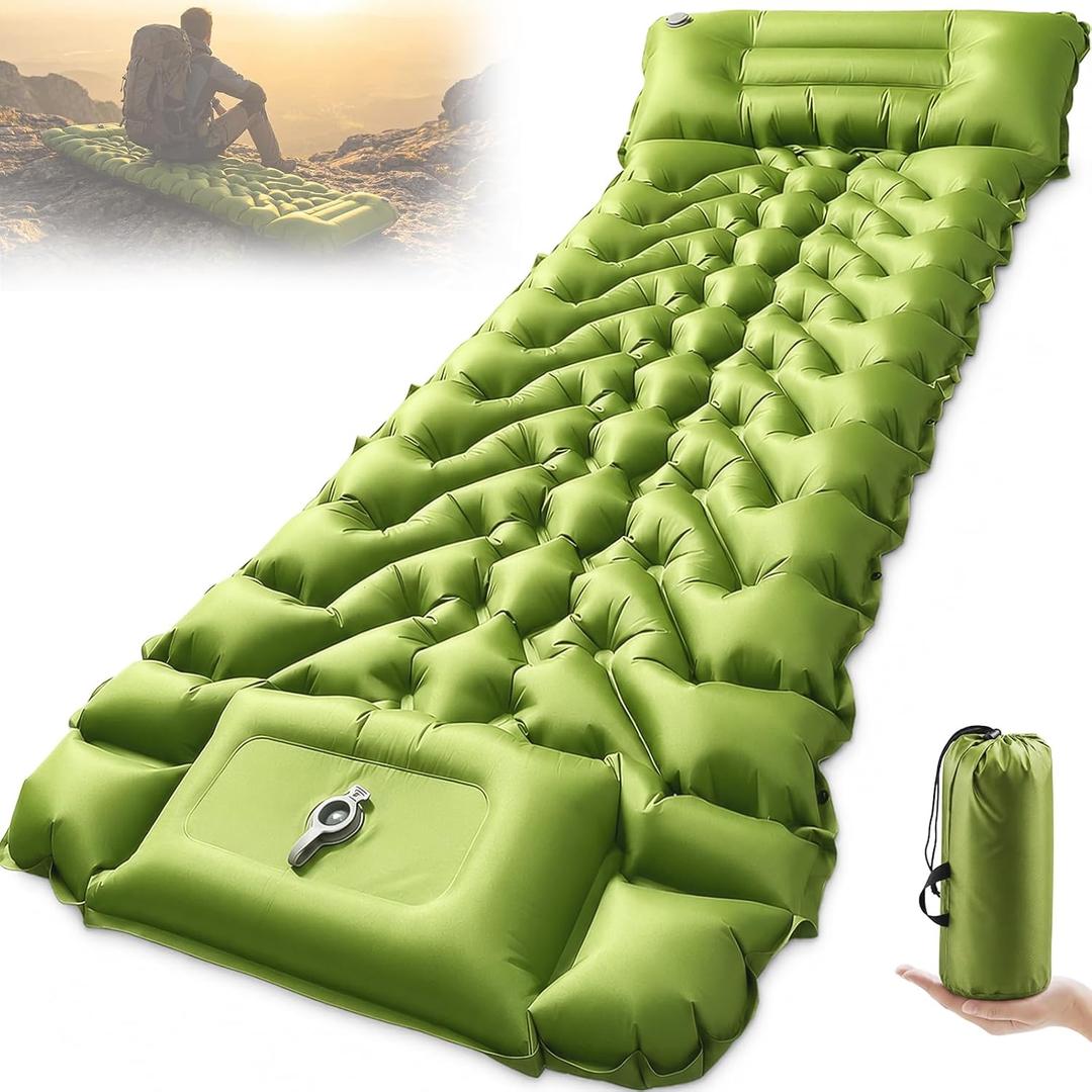 Ultralight Inflatable Sleeping Pad for Camping with Foot Pump | Built-In Pillow, Waterproof Camping Mattress For Backpacking, Hiking, Tent, Car Traveling, Beach Trips, Green