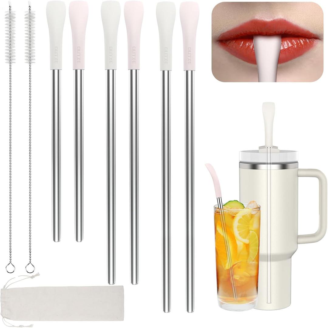 OUTXE Anti Wrinkle Straw 6 Pcs, Flat Wide Drinking Straw for Stanley Cup 40 oz 30 oz, Reusable Wrinkle Free Long Stainless Steel Metal Straw for Lip with Cleaning Brush and Carrying Bag (diameter: 10 mm, cream,pink)