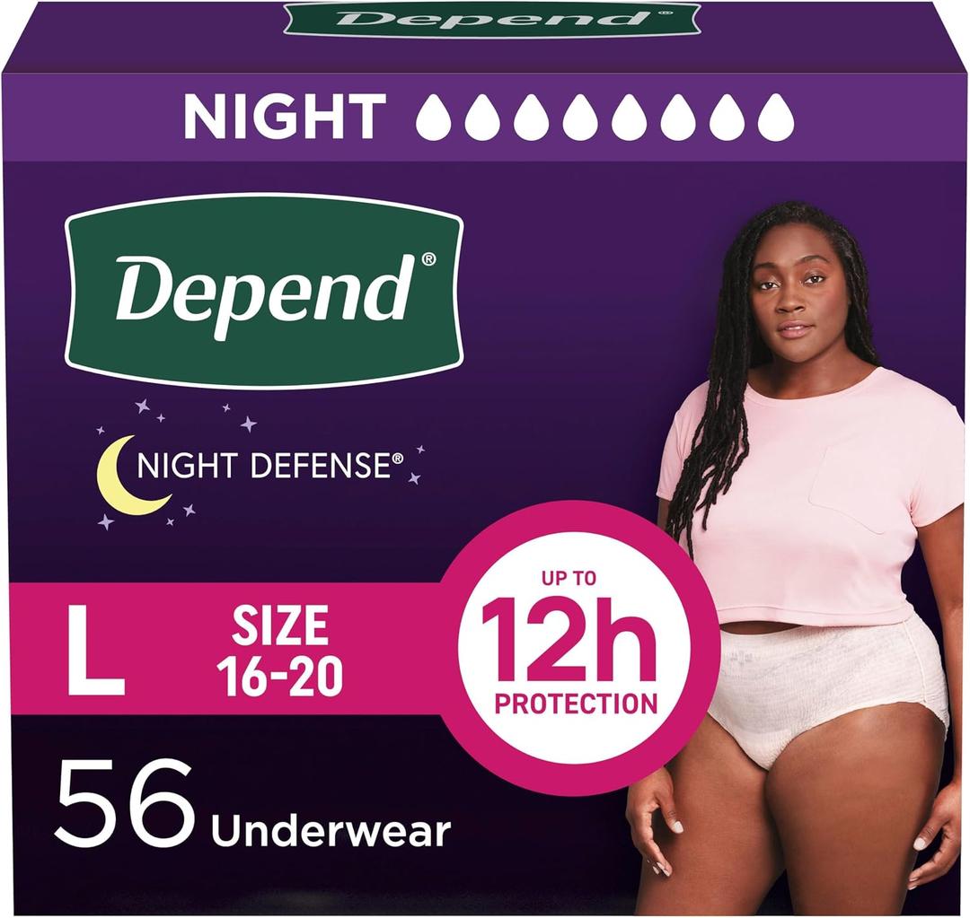 Depend Night Defense Adult Diapers, Incontinence & Postpartum Bladder Leak Underwear for Women, Disposable, Overnight, Large, Blush, 56 Count (4 Packs of 14)