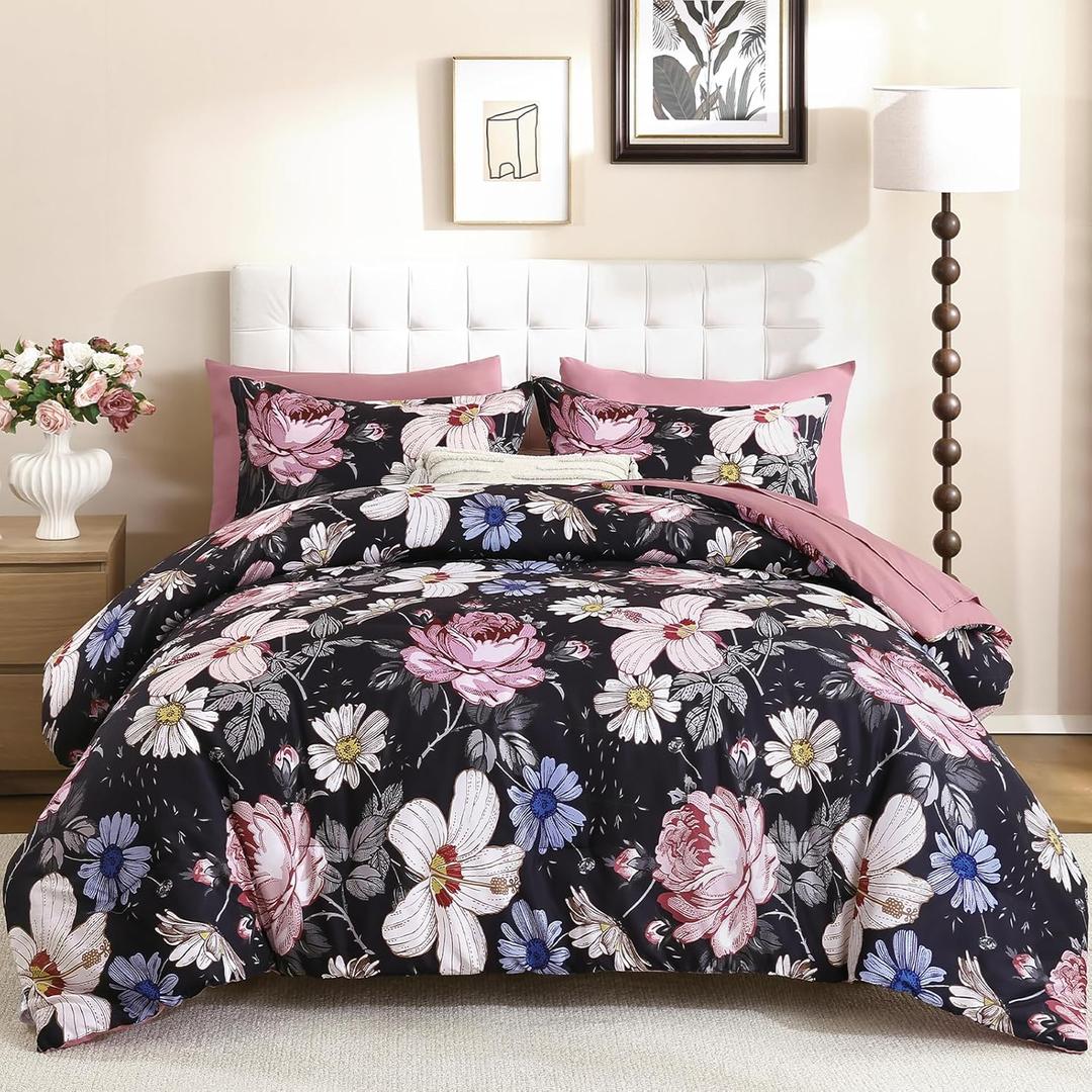 Luxudecor Queen Comforter Set 7 Pieces Bedding Sets, Black Pink Floral Comforter and Sheet Set, Soft Microfiber Bed in a Bag for All Seasons (Black Pink, 90"x 90")