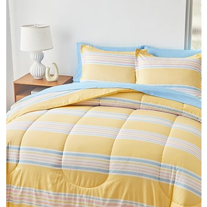 Flysheep Boho Striped Bed in a Bag 6 Pieces Twin Size, Ombre Blue and Pink Stripes on Yellow Comforter Sheet Set (1 Comforter, 1 Flat Sheet, 1 Fitted Sheet, 2 Pillow Shams, 1 Pillowcase)