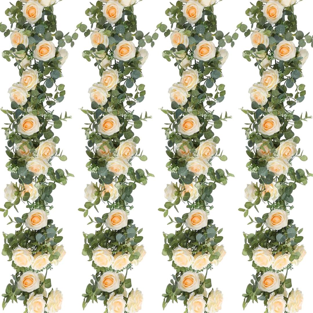 Riceshoot 4 Pcs 4 Pack 26 ft Artificial Eucalyptus Vines Garland with Flowers Faux Floral Greenery Garlands Rose Wreath for Wedding Party Arch Table Decor Backdrop Decorations (Champagne)