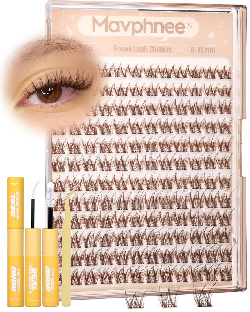 Brown Lash Clusters Kit 8-12MM Natural Cluster Eyelash Extensions Kit Wispy Cluster Lashes Dark Brown Individual Lashes C Curve Eyelash Clusters Short 144Pcs Pestañas Postizas Marrón