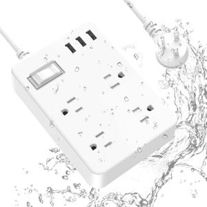 Jgstkcity Outdoor Waterproof Power Strip, 4 Flat Plug Outlets and 3 USB Ports, Mountable Weatherproof Surge Protector, Multi Outlet Extension for Camping, Garden, Kitchen, Bathroom, 6ft Cord (White)