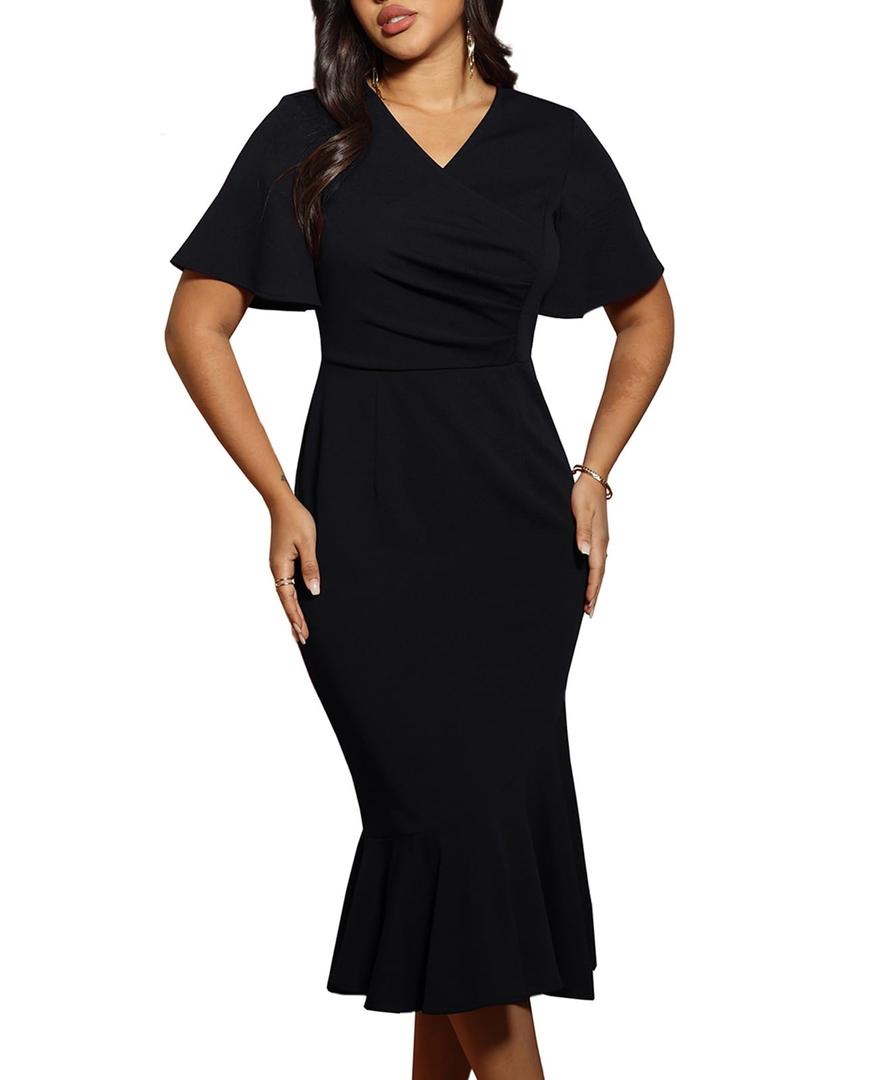 TITOMD Women's Ruched Mermaid Bodycon Midi Dress - Summer Modest Short Sleeve Elegant Wedding Guest Cocktail Dresses (US, Alpha, X-Large, Regular, Regular, Dark Green) (Green, XL)