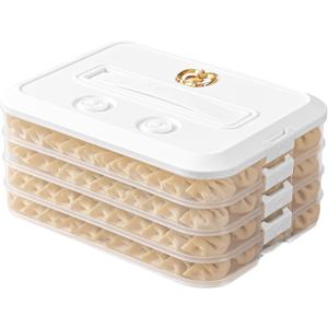 4 Layer Dumpling Box, Food Storage Containers with Lid and Handle, Stackable Biscuit Storage Box for Kitchen and Fridge (White Lid)