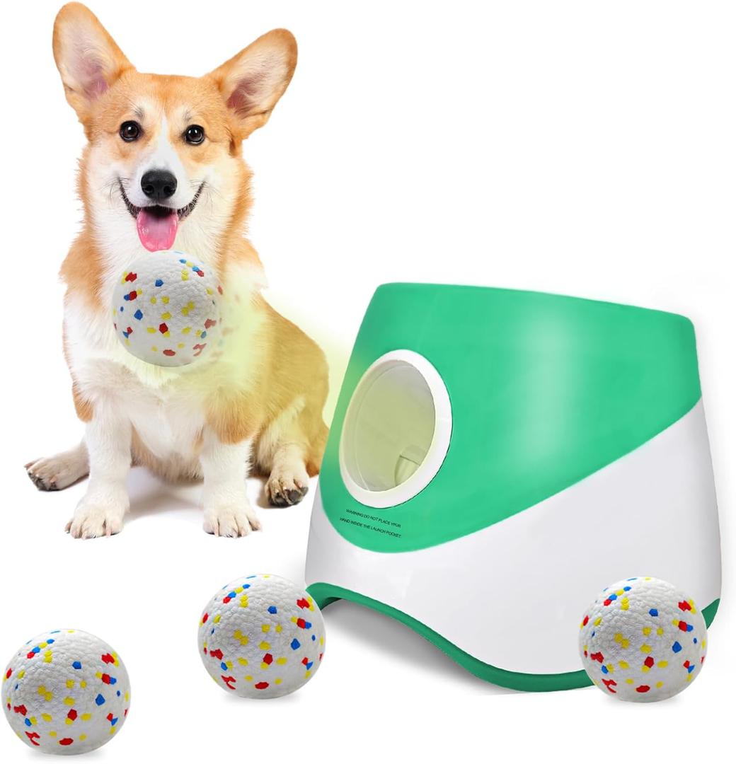 SOCO Automatic Ball Launcher for Dogs with Random Mode, 3 Settings to 45FT, Rechargeable Dog Ball Thrower with 4 ETPU Tennis Balls for Small Medium Breeds
