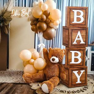 Baby Shower Boxes for Birthday Party Decorations - 4 Wood Grain Brown Blocks with BABY Letter, Printed Letters, First Birthday Centerpiece Decor, Teddy Bear Baby Shower Supplies, Gender Reveal Backdrop