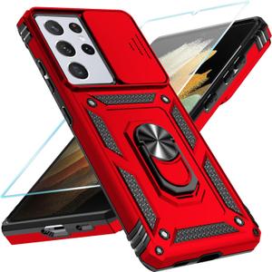 SunStory Phone Case for Samsung Galaxy S21 Ultra 5G Case with HD Screen Protector & Slide Camera Cover & Rotated Ring Kickstand, Military-Grade, 2 in 1 Phone Case for Galaxy S21 Ultra 6.8'', Red