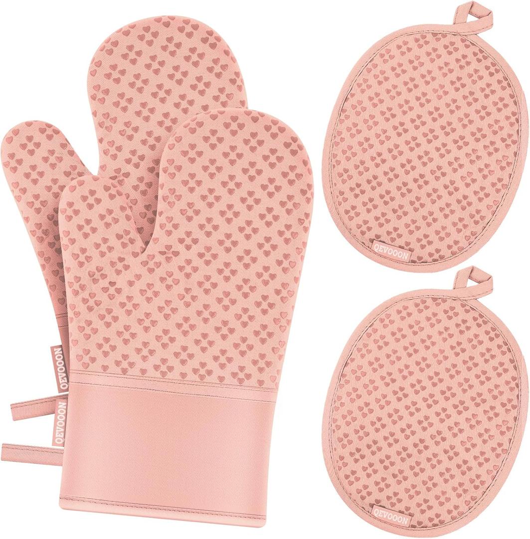 Oven Mitts and Pot Holders 4 Sets, Heat Resistant 500 Oven Mitt and Pot Holder,Oven Glove&Potholders with Non-Slip Silicone Surface,Kitchen Essentials for Cooking/Baking/BBQ-Pink