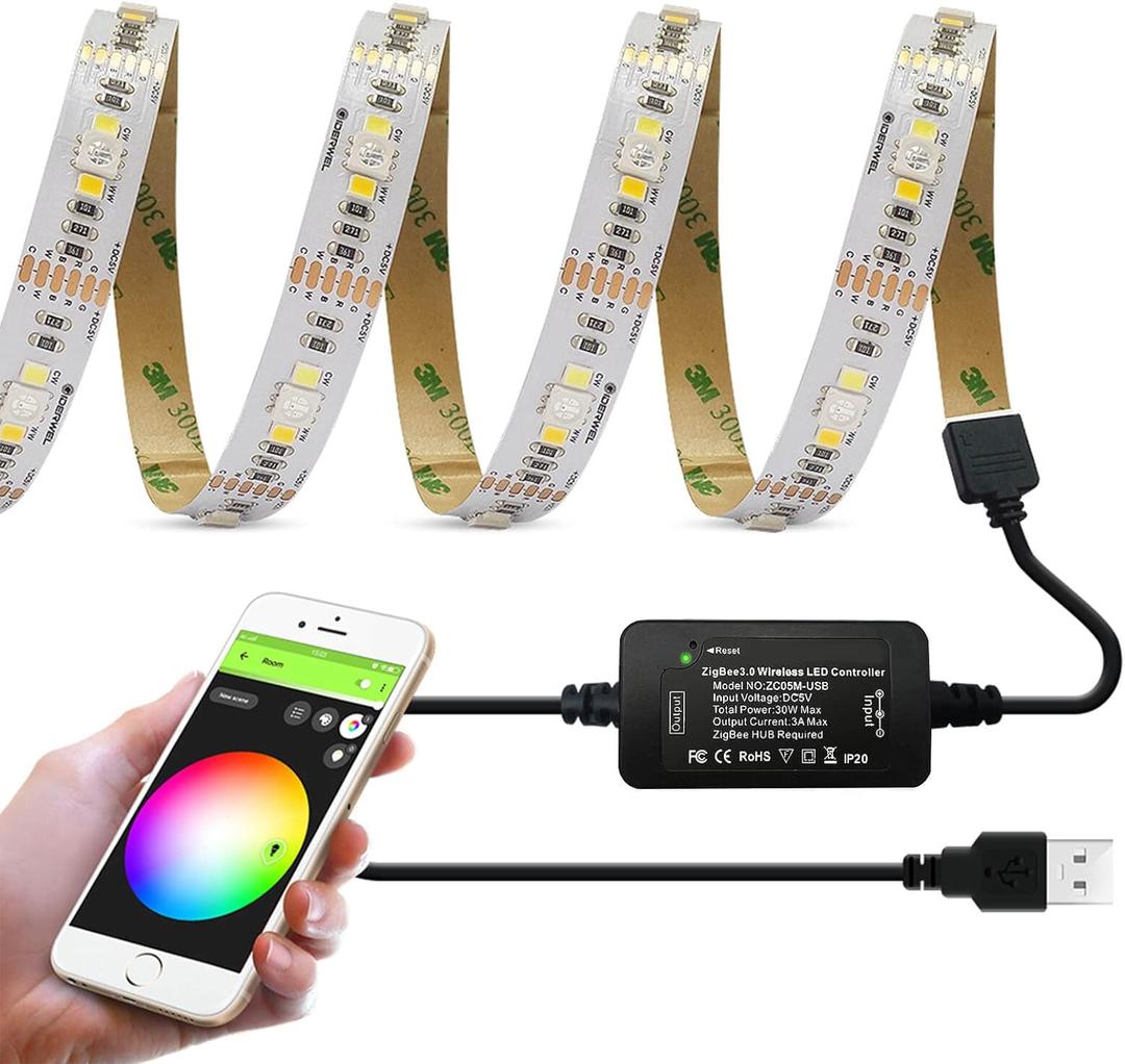 GIDERWEL Smart ZigBee 3.0 USB LED Strip Light RGBWW Kit Work with HUB Bridge TUYA Smart hub and Echo Plus for APP/Alexa Voice Control 6.56ft 5V RGB Cold Warm White RGBCCT Ambiance TV LightStrip Plus