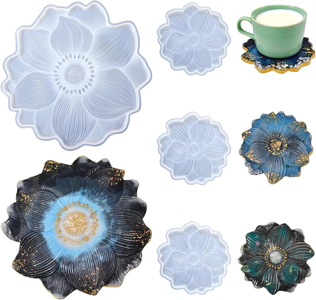 Flower Tray & Coaster Resin Molds Set, Large Flower Shaped Tray Silionce Mold with 3pcs Coaster Molds for Epoxy Resin Art, Home Decor