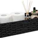 Back of Toilet Basket with Wood Handles, Black Wicker Toilet Paper Basket for Toilet Tank Top, Narrow Toilet Tank Basket, Bathroom Basket Organizer for Wipes & Essentials