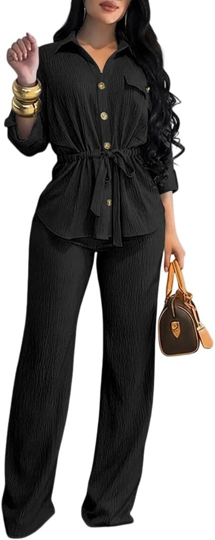 CHICME 2 Piece Sets for Women Summer Outfits Dressy Button-Down Shirt and Wide Leg Pants Drawstring Waist Casual Travel Set (Black, M)