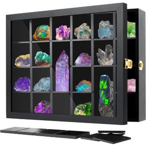 Adjustable Rock Display Case Wall Mounted, Crystal Collection Box with Shelves, Wooden Rock Collection Box for Kid and Collectibles