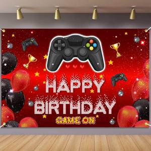 Video Game On Happy Birthday Backdrop Banner Decorations Level Unlocked for Boys Kids Red and Black Level Up Theme Bday Background Photography Party Decor Sign Supplies