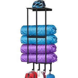 Camping Chair Wall Storage for Garage, Metal Camping Chair Storage Rack Wall Holder, Floating Shelf, 4 Hooks, Stainless Steel, Beach Chair Rack, Umbrella Holder, Garage Chair Organizer, Matte Black