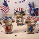 Bucherry 3 Pcs Patriotic USA Highland Cow Figurines 4th of July Independence Day Highland Cow Gnomes Statues 250th Anniversary Decor for Home Tiered Tray Table Farmhouse Rustic Calf Gifts